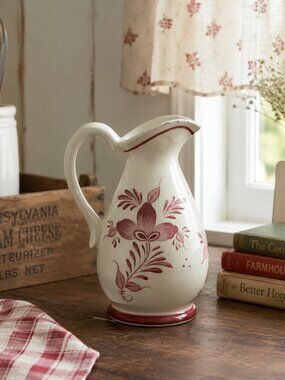 Vintage Ceramic Cream Pitcher Burgundy Floral Folk Art Farmhouse Cottage Deco